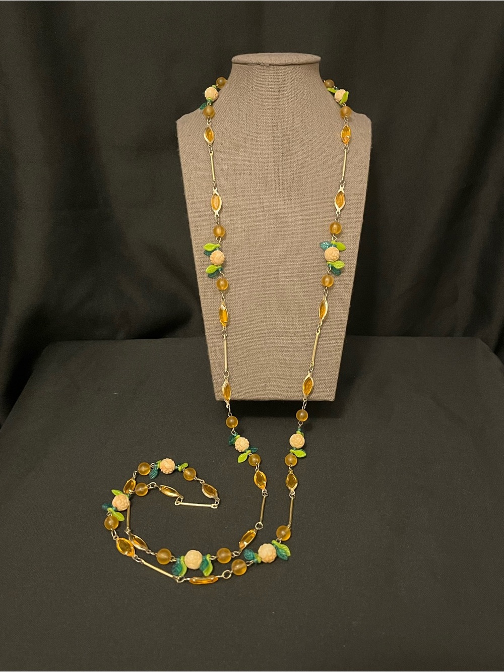 Gold-Tone Long Floral Necklace with Peach Roses and Green Leaves